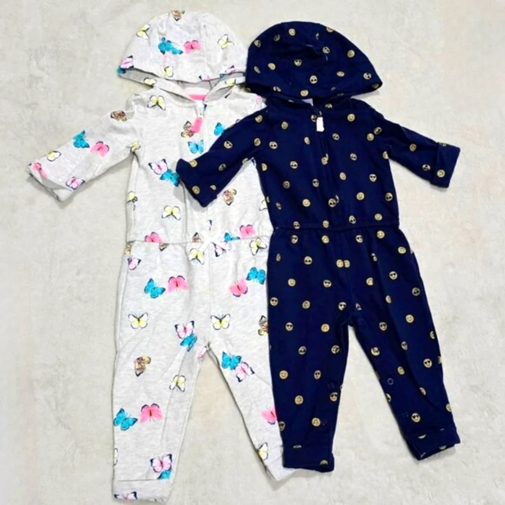Carters Baby Girls Hooded Romper Jumpsuit 2 Pack Butterfly Smiley Face EUC 12M